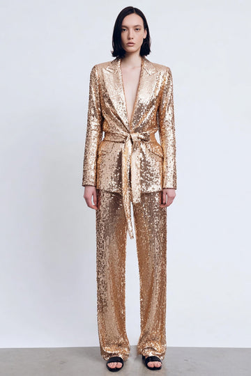 Sparkly Gold Peak Lapel 2 Piece Sequins Women Prom Suits With Sash